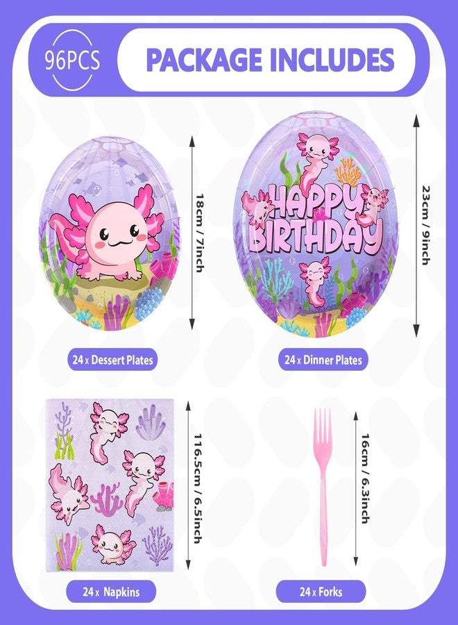 Grencian 96Pcs Axolotl Birthday Party Supplies Pink Cartoon Axolotl Party Plates and Napkins Tableware Sets Reptile Animals Axolotl Party Decorations for Kids Girls Baby Shower Party Favors, Serves 24 - Image 2